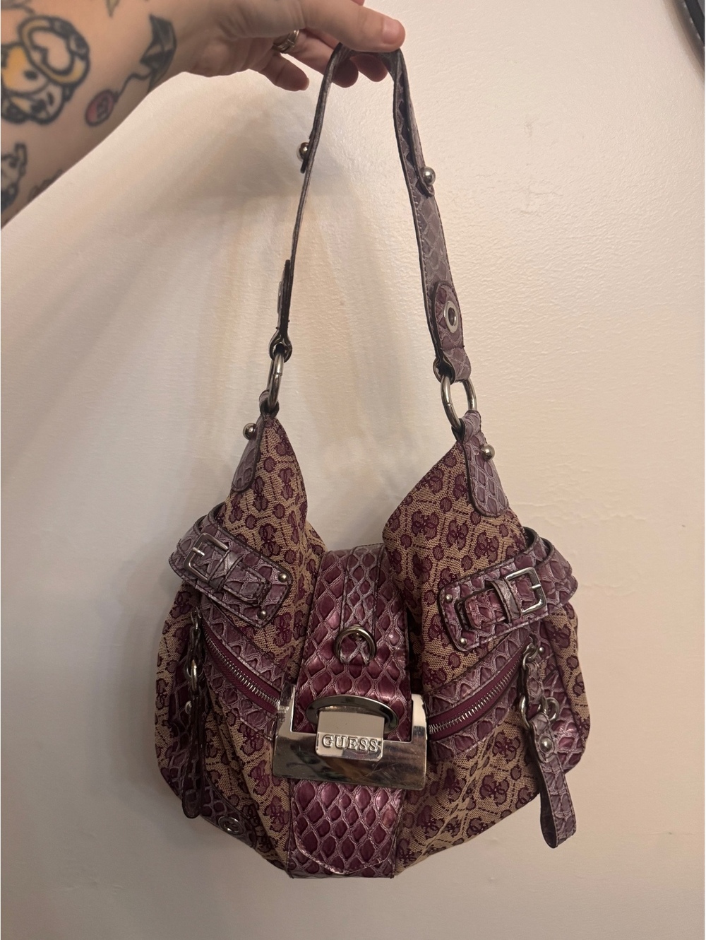 Guess Purple and Beige Patterned Shoulder Bag with Croc-Embossed Accents